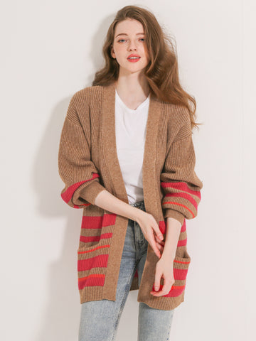 Waythefree Stripe Balloon Sleeve Pocket Cardigan Sweater